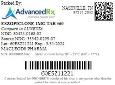 Eszopiclone 1mg Tab Qty 60 NDC 80425 0168